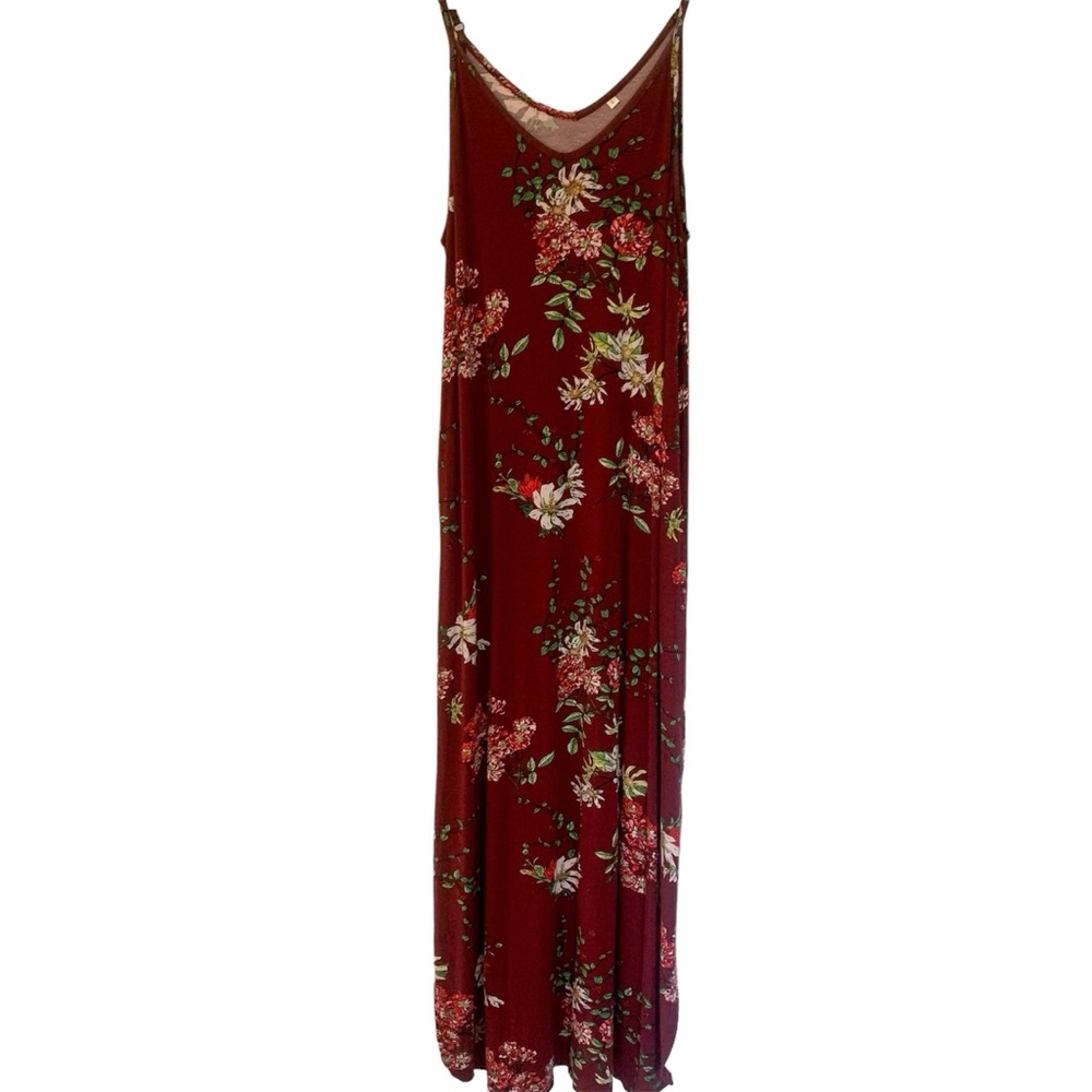 Maroon Floral Maxi Dress Sleeveless Women’s Large Pockets Adjustable Straps
